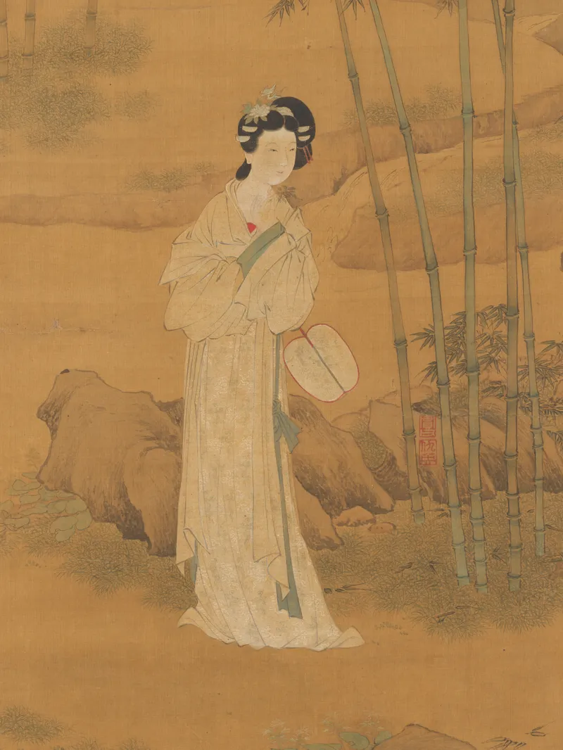 Chinese silk painting of a woman holding a fan in a bamboo grove
