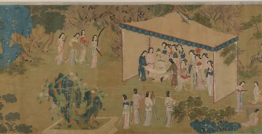 Detail from Lady Su Hui and Her Verse Puzzle, a Chinese handscroll painting of women gathered in a garden pavilion